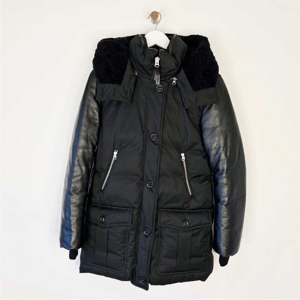 Mackage black thick down fill winter parka with leather sleeves size XS